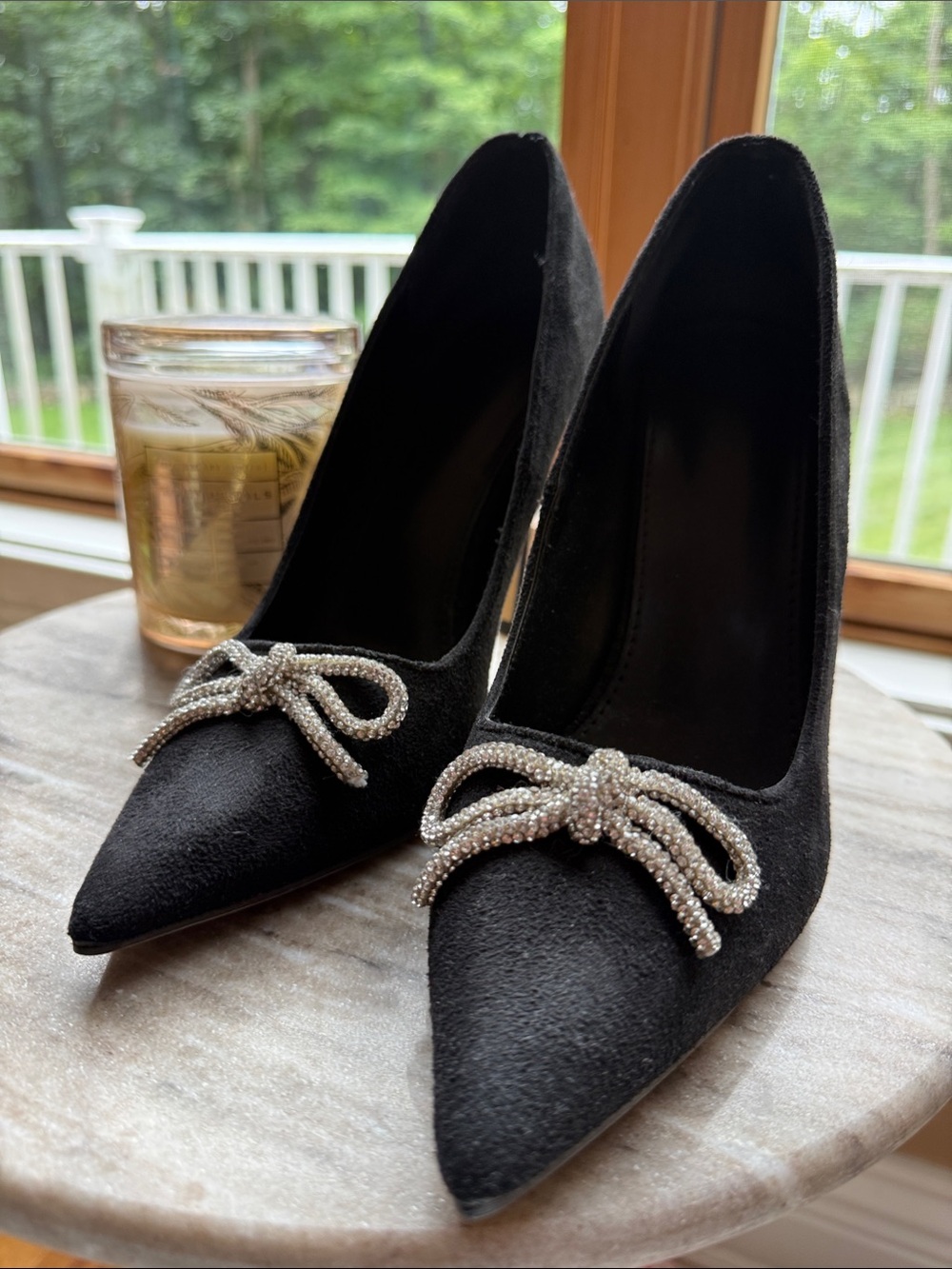 Elegant Black Pointed Toe Pumps with Crystal Bow Accent size 40